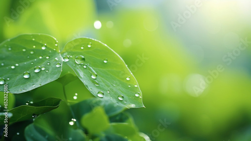 Dew or rain on green leaves and grass on blurred background