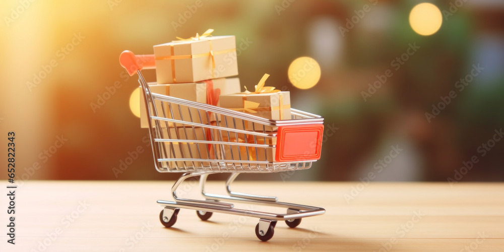 Model shopping cart with gift box, and laptop keyboard on wood table, blurred christmas tree background