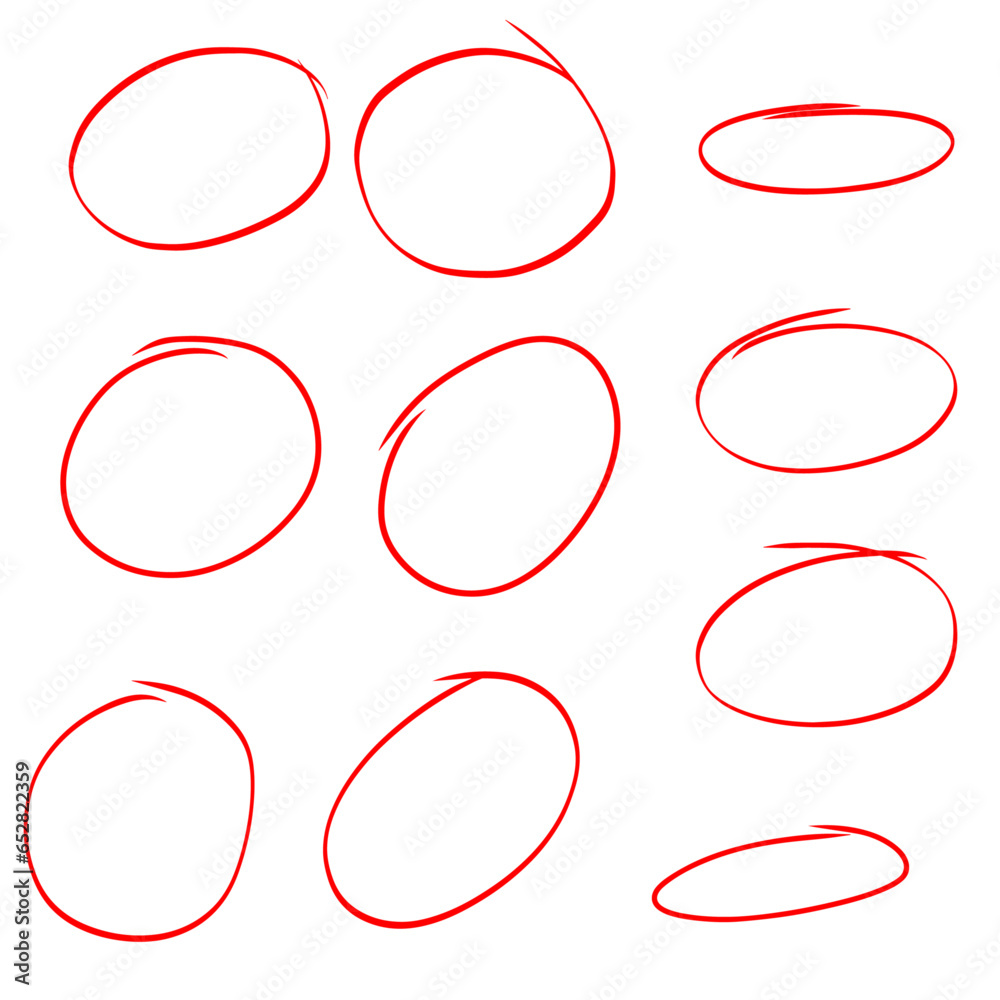 Hand drawn red ovals and circles set. Ovals of different widths. Highlight circle frames. Ellipses in doodle style. Set of vector illustration isolated on white background. Hand drawn red ovals and circles set. Ovals of different widths. Highlight circle frames. Ellipses in doodle style. Set of vector illustration isolated on white background.