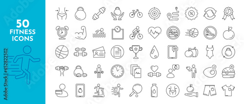 Fitness line icons set. Healthy food, workout, running, kettlebell, weight loss, sports, heartbeat, pulse, scales, goal, bike, swimming, barbell. Vector stock illustration.