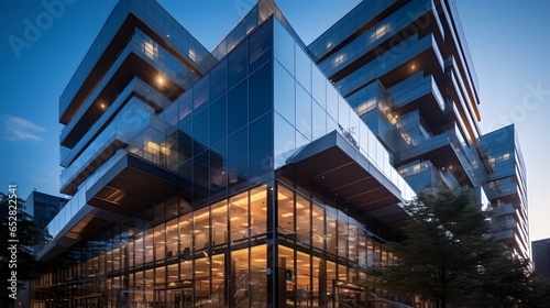 From below of entrance of office building next to contemporary high rise structures with glass mirrored walls and illuminated lights in calgary city against cloudless blue sky
