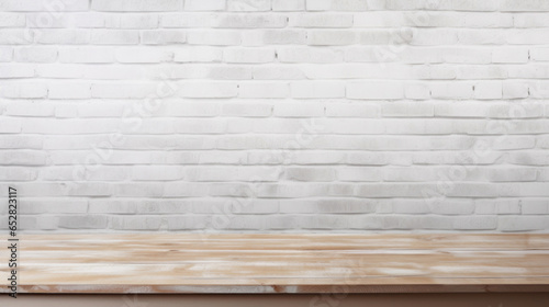 Empty wooden table against a white brick wall