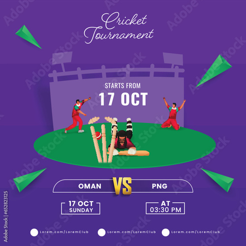 Cricket Tournament Concept With Participating Team Oman VS Papua New Guinea And Run Out Cricketer On Purple And Green Background.