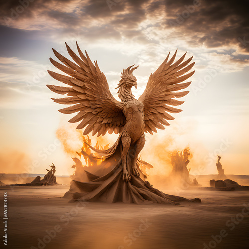 Phoenix Eagle rising from the ashes and dust imponent image. Created by AI generative photo