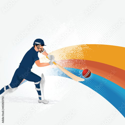 Batsman Player Hitting Ball And Noise Effect Wave On White Halftone Background.