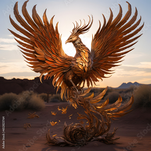 Phoenix Eagle rising from the ashes and dust imponent image. Created by AI generative