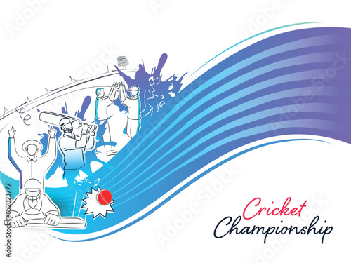 Linear Style Cricket Player Team In Different Poses And Abstract Wave On White Background For Championship Concept.