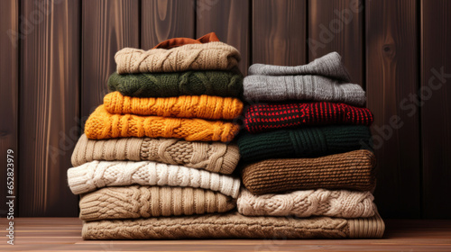 Stack of warm sweaters on a wooden table