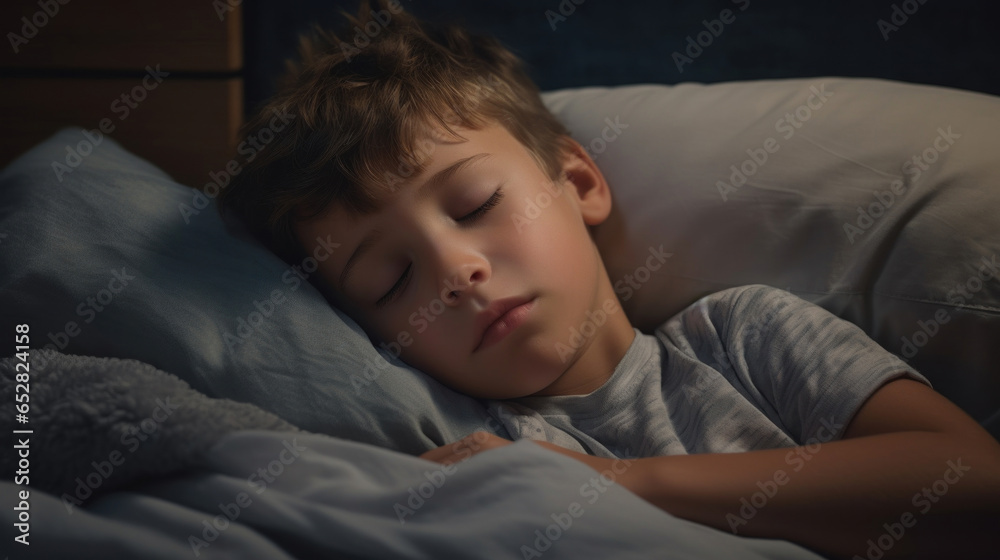 The boy sleeps in a bed with the lights dimmed. The boy sleeps in a bed with the lights dimmed.