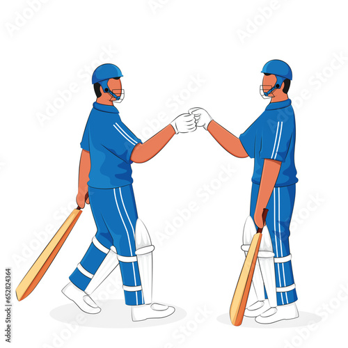 Cricket Batsmen Fist Bumping Each Other On White Background.