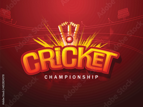 Cricket Championship Poster Design With 3D Ball Hitting Wicket Stumps On Red Stadium Halftone Background.