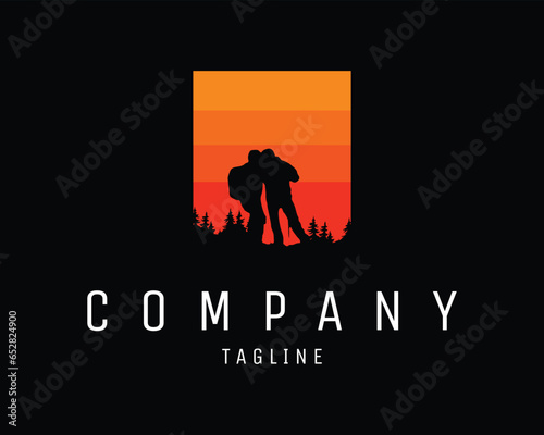 logo of two mountain climbers. silhouette vector design. isolated white background with a view from behind looking at the stunning sunset. best for badges, emblems, icons, design stickers, adventure i