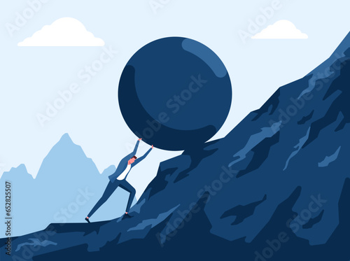 Business man pushing heavy rock up hill, Hard work, reach success, overcome adversity concept. Businessman working hard pushing boulder up hil Vector illustration