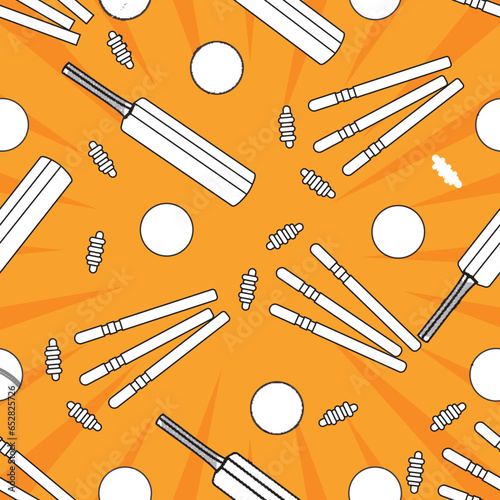 White Cricket Equipments Pattern On Orange Rays Background.