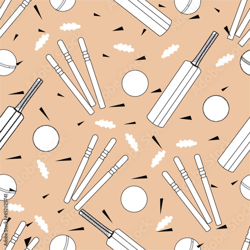 Flat Style Cricket Equipments Seamless Pattern Background.