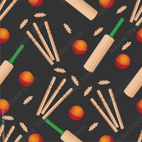 Realistic Cricket Equipments Decorated On Black Background.