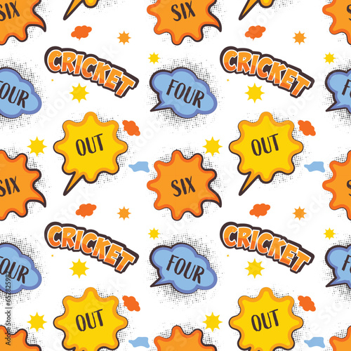 Colorful Pop Art Stylish Font Pattern Background For Cricket Sports.