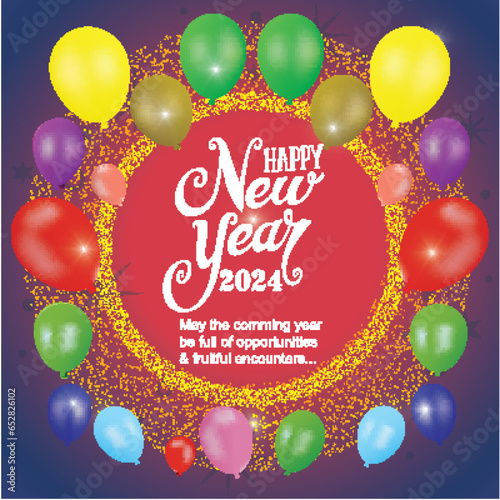 Happy New Year Holiday Background with Sparkles and Flying Balloons. Vector illustration Banner Design.
