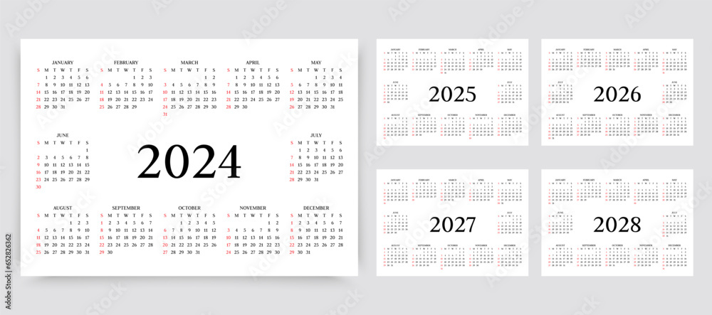 2024, 2025, 2026, 2027, 2028 calendars. Yearly template of pocket or wall calenders. Week starts Sunday. Stationery organizer with 12 months. Vector illustration.  Layout grid in landscape orientation