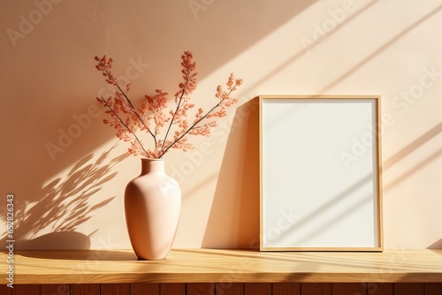Mockup of blank picture and vase with plant branch on beige wall background with shadows and light from window