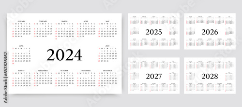 2024  2025  2026  2027  2028 calendars. Yearly template of pocket or wall calenders. Week starts Sunday. Stationery organizer with 12 months. Vector illustration.  Layout grid in landscape orientation