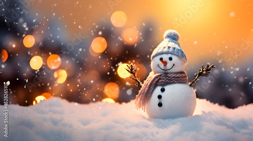 Christmas background: Snowman with cap and scarf in winter. Christmas warm ambiance, xmas tree lights, bokeh background. Snow and ice season. Minimalist still life style.