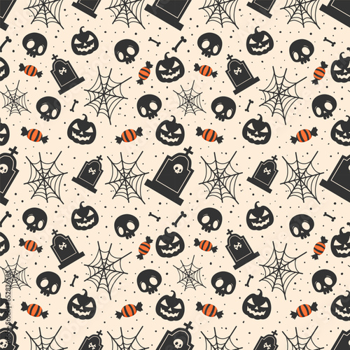 Hallowen black and white pattern background with spiderwebs tombstons and halloween candy