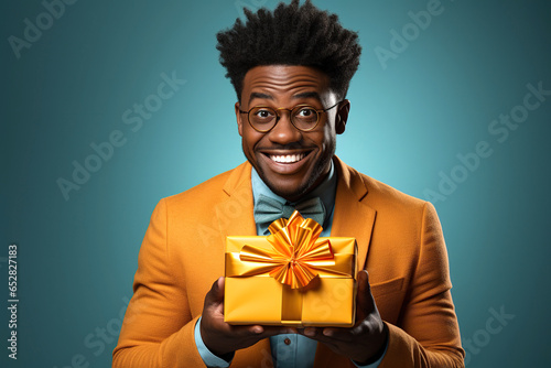 handsome adult black man with glasses holds gift box in his hands © alexkoral