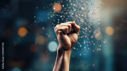 Closeup of Triumphant Fist Pump Gesture Celebration with Confetti and Blurred Effect Background
