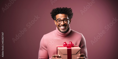 handsome adult black man with glasses holds gift box in his hands