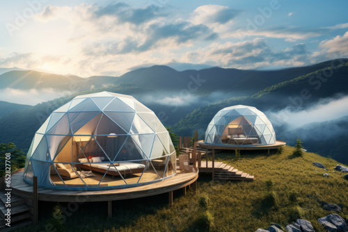 Generative AI Domed houses with panoramic windows. Camping in the mountains. The concept of outdoor recreation with comfortable living conditions is glamping.