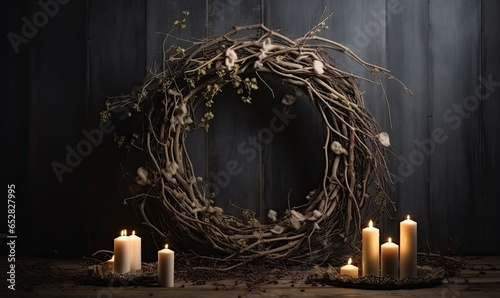 wreath made of branches with candles. 