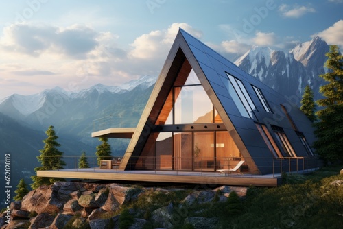Generative AI Frame wooden triangular house with panoramic windows. Camping in summer mountains. The concept of outdoor recreation with comfortable living conditions is glamping.