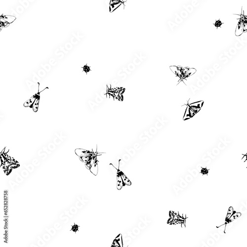 Black butterflies and beetles on a white background. Seamless vector pattern.