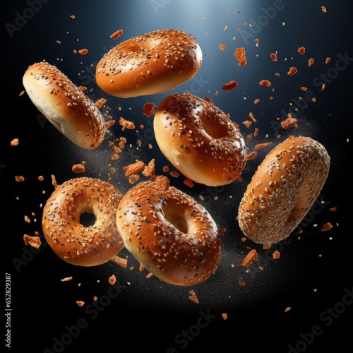 Bagels flying in the air