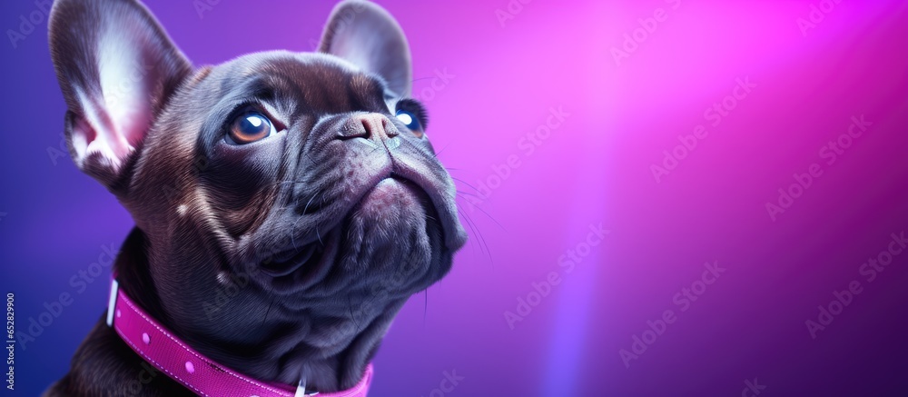 Adorable French Bulldog puppy posing playfully in neon light with purple background Symbolizes pets companionship Ad space available