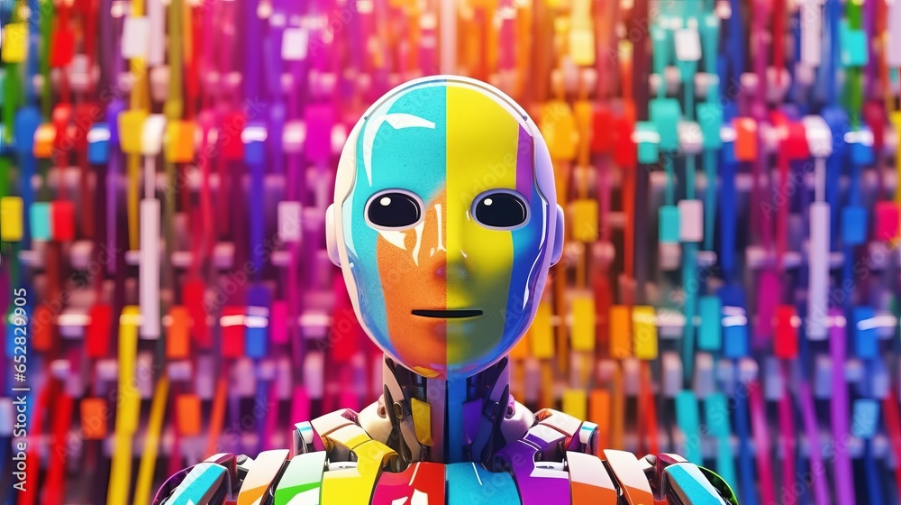 Naklejka premium Photo of a vibrant gay robot against a colourful rainbow backdrop celebrating LGBTQI+ Pride created with Generative AI technology