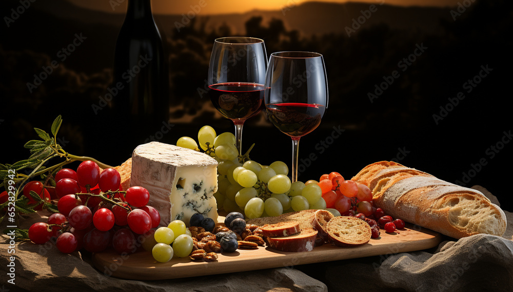 Freshness of nature, wine bottle on wooden table, gourmet picnic generated by AI