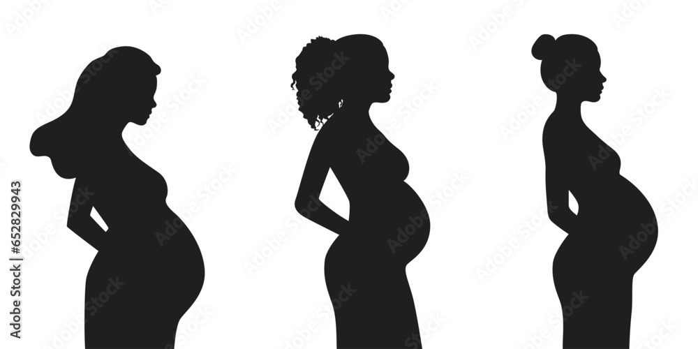 Collection of silhouettes of a pregnant woman, side view. Vector illustration isolated on white background - obrazy, fototapety, plakaty 