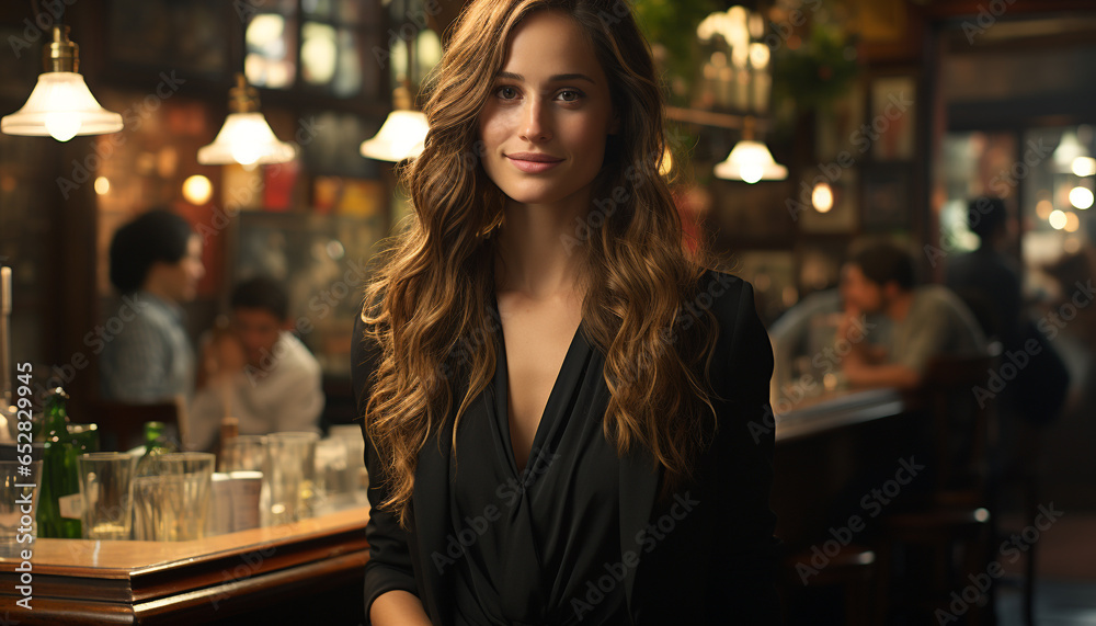 Smiling young woman, beauty in nightlife, confidence at drink establishment generated by AI