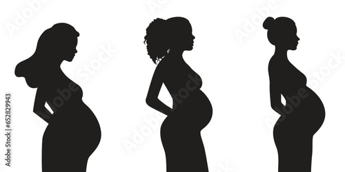 Collection of silhouettes of a pregnant woman, side view. Vector illustration isolated on white background