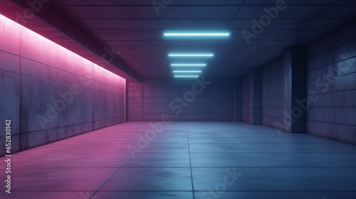 Corridor in a building, diffused pink and blue lighting, 80s vibe