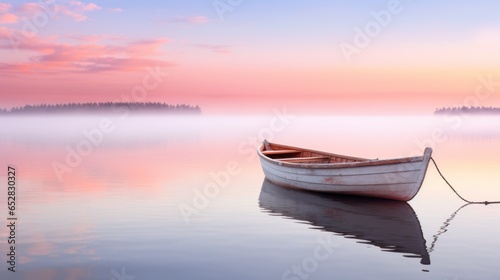 Boat on the lake at morning sunrise light © valgabir