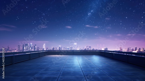 An empty, minimalist rooftop terrace with a clear night sky full of stars