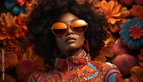 A fashionable woman with curly hair and sunglasses, looking at camera generated by AI