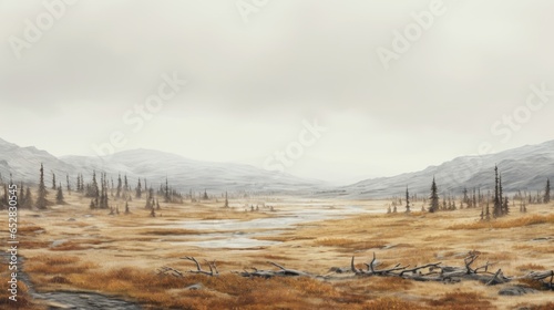 A barren, windswept tundra under a pale, overcast sky