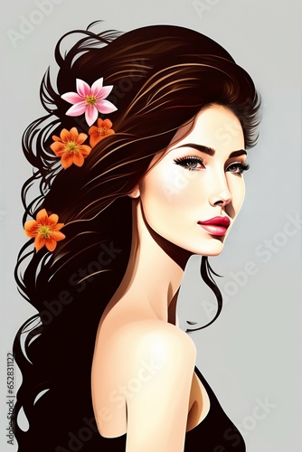 western woman with flowers windy hair. minimalist drawing.