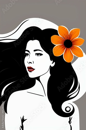 western woman with flowers windy hair. minimalist drawing.
