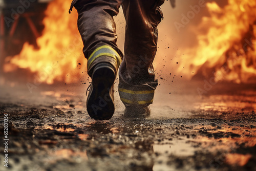 Image generative AI photo of a male professional firefighter in dirty boots photo