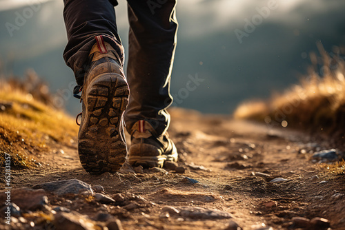 Image generative AI close up photo shoes of a tourist walking in the mountains photo